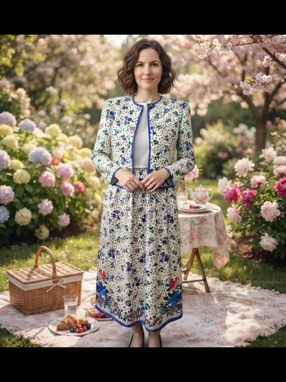 Vintage Anne Crimmins for UMI Collections 2-Piece Linen & Silk Floral Dress Suit